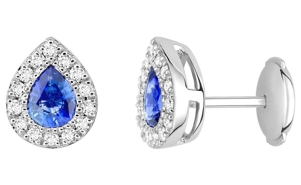 Boucles d'oreilles Clous Or Blanc 18k Diamant 0.2ct GH SI Saphir de Ceylan