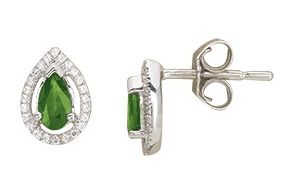 Boucles d'oreilles Clous Or Blanc 18k Diamant 0.09ct Emeraude 0.25ct