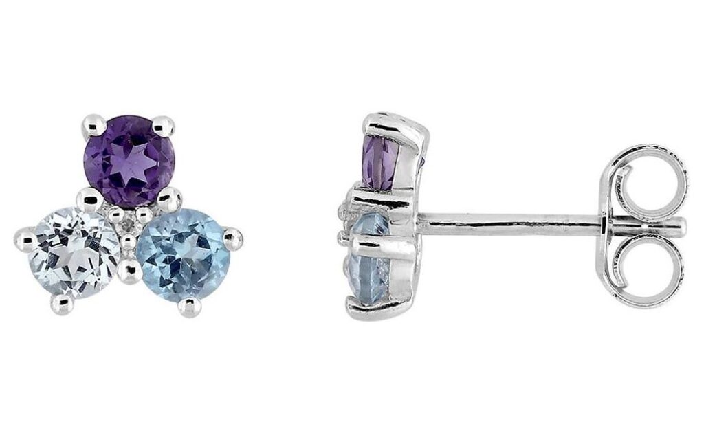 Boucles d'oreilles Clous Or Blanc Diamant 0.01ct GH P2 Topaze Bleu