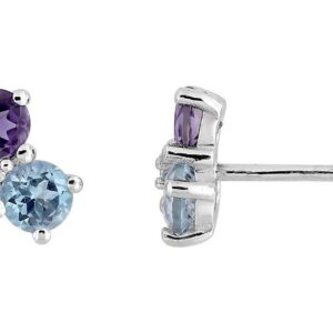 Boucles d'oreilles Clous Or Blanc Diamant 0.01ct GH P2 Topaze Bleu