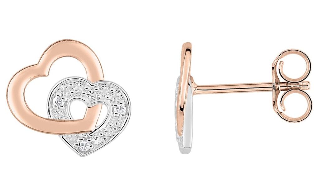 Boucles d'oreilles Clous Or Rose et Blanc 18k Diamant 0.01ct GH P1 Coeur Entrelacé