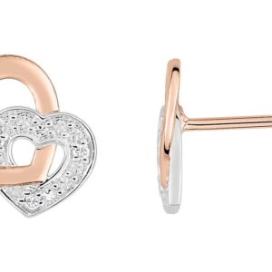 Boucles d'oreilles Clous Or Rose et Blanc 18k Diamant 0.01ct GH P1 Coeur Entrelacé