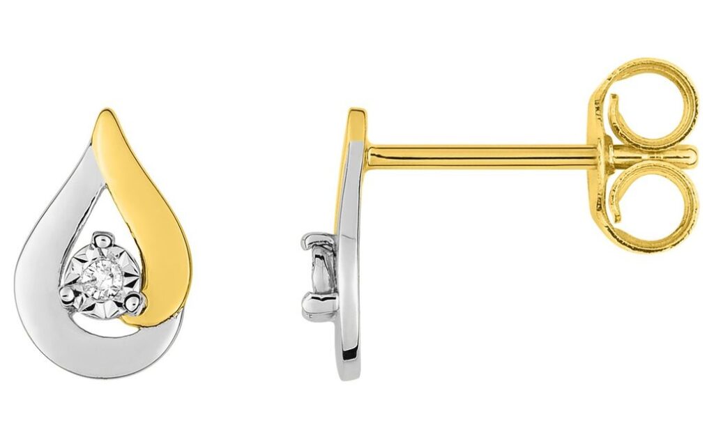 Boucles d'oreilles Clous Or Jaune et Blanc 18k Diamant GH P1 Goutte