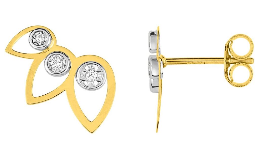 Boucles d'oreilles Clous Or Jaune et Blanc 18k Diamant 0.03ct GH P1