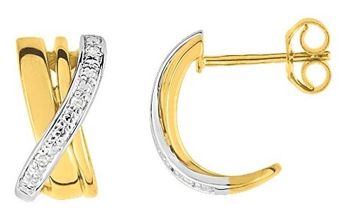 Boucles d'oreilles Créoles Or Jaune et Blanc 18k Diamant 0.03ct GH P1