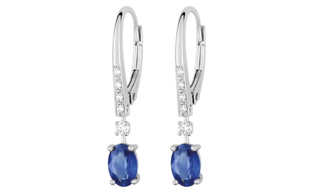 Boucles d'oreilles Dormeuses Or Blanc 18k Diamant 0.08ct Saphir 1.13ct