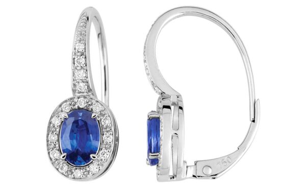 Boucles d'oreilles Dormeuses Or Blanc 18k Diamant 0.16ct Saphir 1.13ct