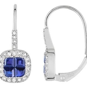 Boucles d'oreilles Dormeuses Or Blanc 18k Diamant 0.22ct Saphir 1.24ct