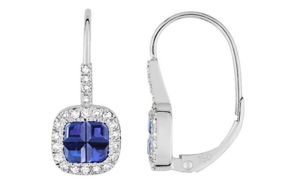 Boucles d'oreilles Dormeuses Or Blanc 18k Diamant 0.22ct Saphir 1.24ct