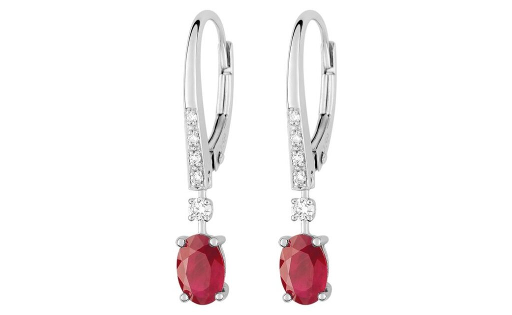 Boucles d'oreilles Dormeuses Or Blanc 18k Diamant 0.08ct GH SI Rubis