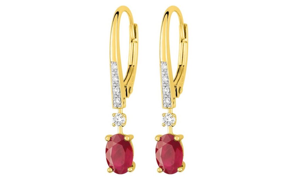 Boucles d'oreilles Dormeuses Or 18k Rhodié Diamant 0.08ct GH SI Rubis