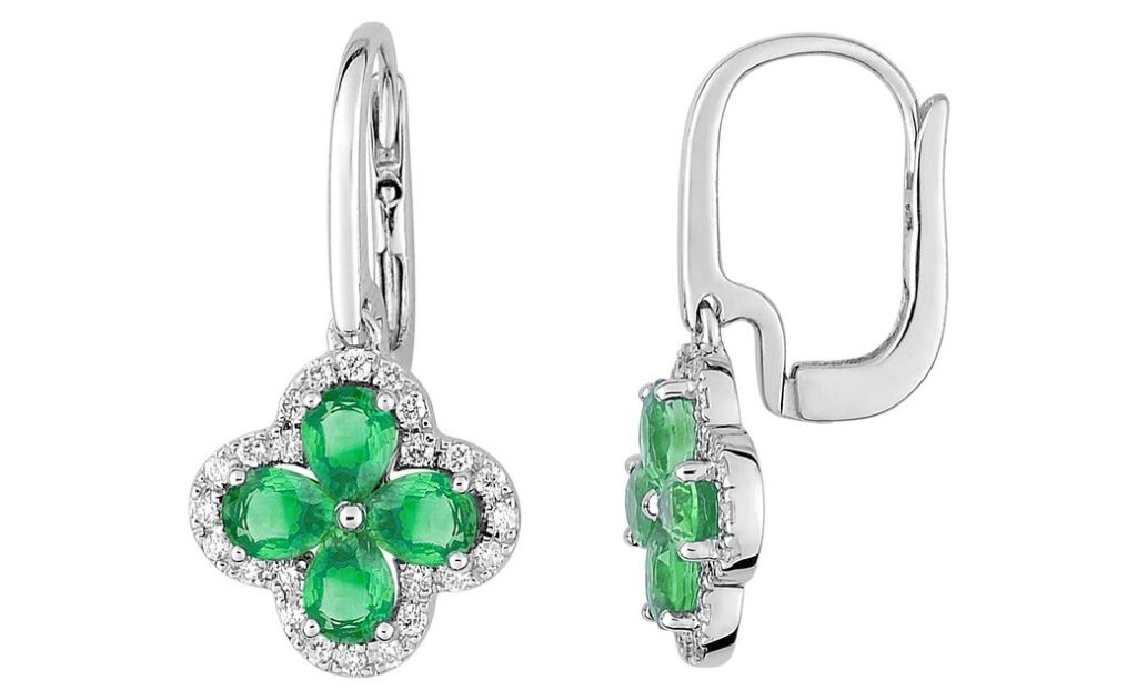 Boucles d'oreilles Dormeuses Or Blanc 18k Diamant 0.2ct GH SI Emeraude