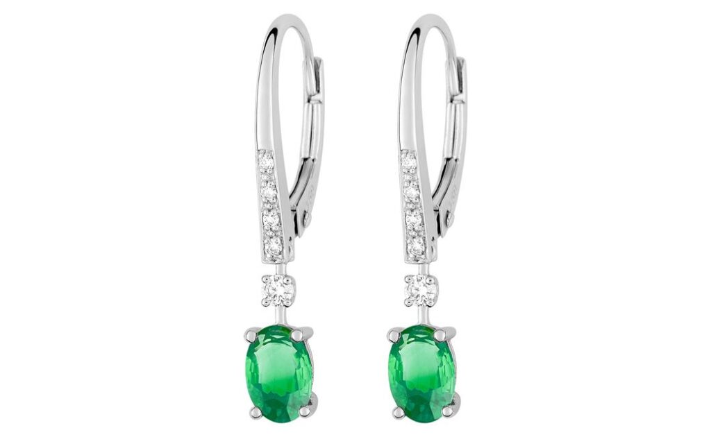 Boucles d'oreilles Dormeuses Or Blanc 18k Diamant 0.08ct GH SI Emeraude