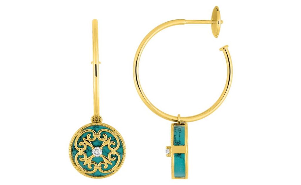 Boucles d'oreilles Or 18k Diamètre 11mm Diamant 0.08ct GH SI Turquoise