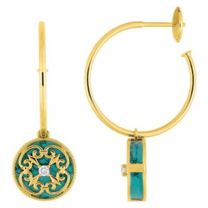 Boucles d'oreilles Or 18k Diamètre 11mm Diamant 0.08ct GH SI Turquoise