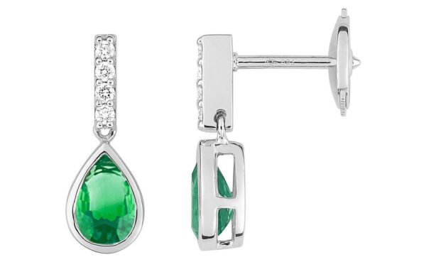 Boucles d'oreilles Pendantes Or Blanc 18k Diamant 0.06ct GH SI Emeraude