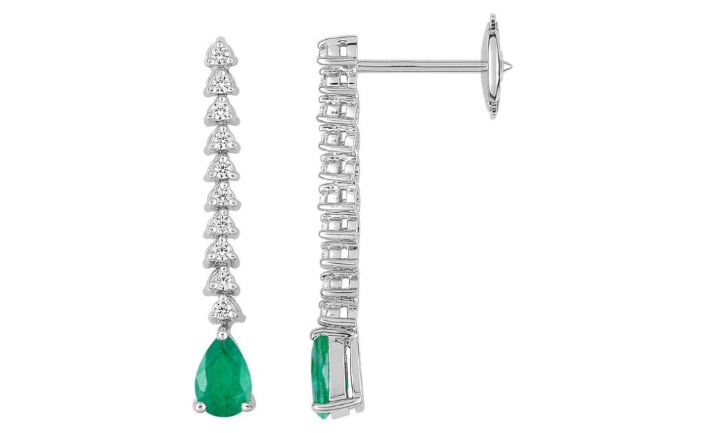 Boucles d'oreilles Pendantes Or Blanc 18k Diamant 0.22ct GH SI Emeraude