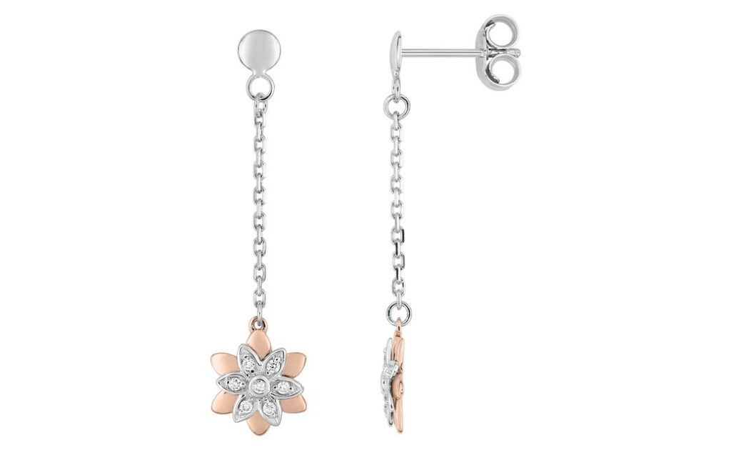 Boucles d'oreilles Pendantes Or Blanc et Rose 18k Diamant 0.04ct GH P1P2