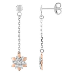 Boucles d'oreilles Pendantes Or Blanc et Rose 18k Diamant 0.04ct GH P1P2