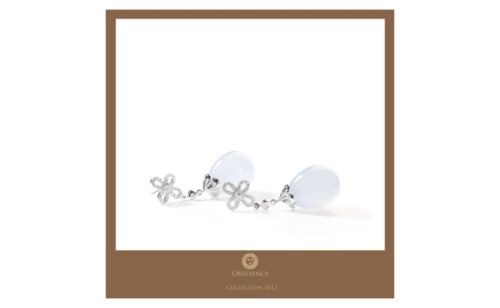 Boucles d'oreilles Pendantes Or Blanc 18k Diamant 0.3ct Calcédoine