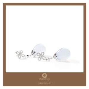 Boucles d'oreilles Pendantes Or Blanc 18k Diamant 0.3ct Calcédoine