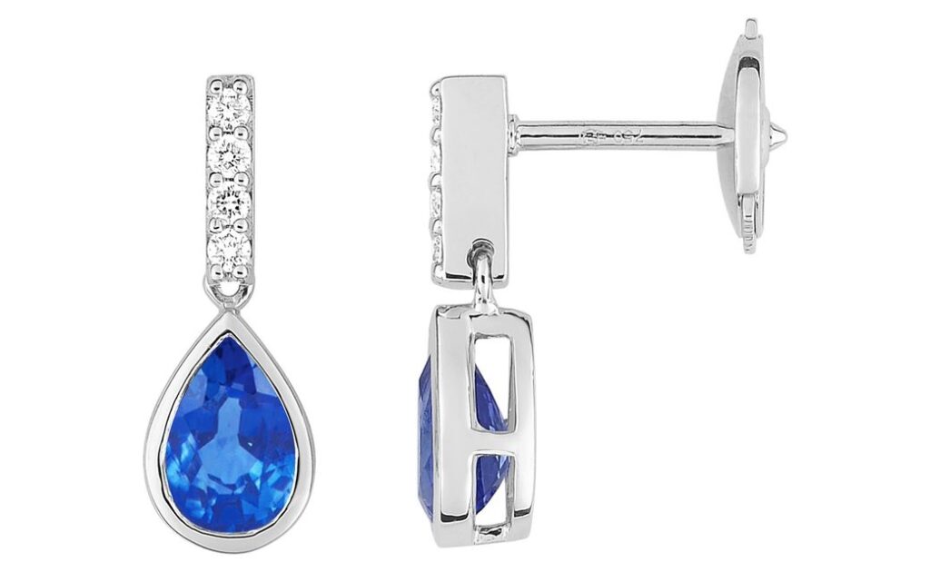 Boucles d'oreilles Pendantes Or Blanc 18k Diamant 0.06ct GH SI Saphir