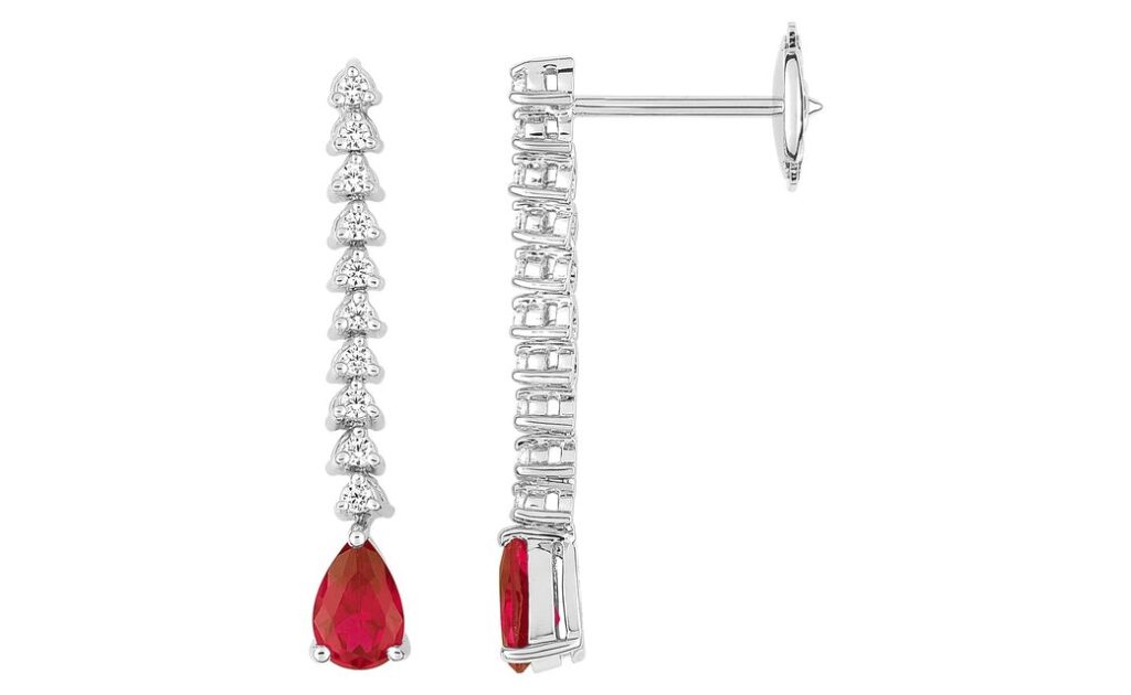 Boucles d'oreilles Pendantes Or Blanc 18k Diamant 0.22ct GH SI Rubis