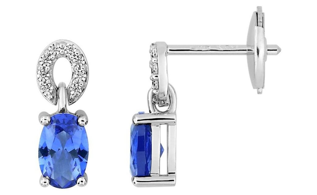 Boucles d'oreilles Pendantes Or Blanc 18k Diamant 0.08ct GH SI Saphir de Ceylan