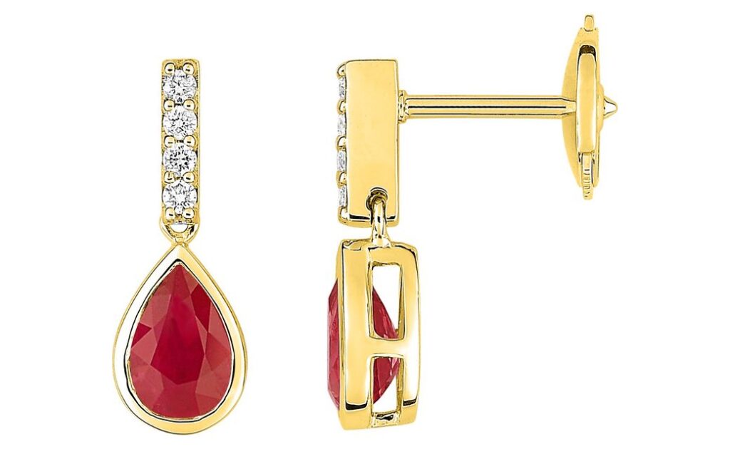 Boucles d'oreilles Pendantes Or 18k Diamant 0.06ct Rubis