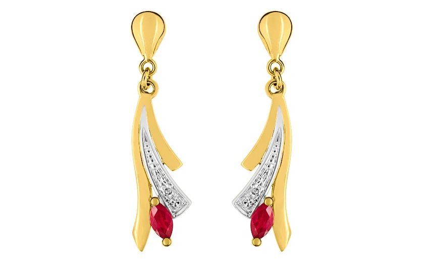 Boucles d'oreilles Pendantes Or Jaune et Blanc Diamant 0.01ct GH P2 Rubis