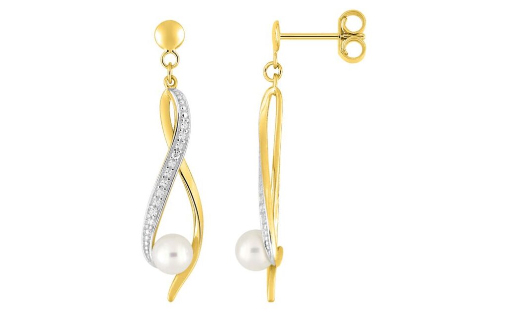 Boucles d'oreilles Pendantes Or Rhodié Diamant 0.01ct GH P2 Perles de culture d'eau douce