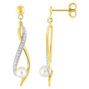 Boucles d'oreilles Pendantes Or Rhodié Diamant 0.01ct GH P2 Perles de culture d'eau douce