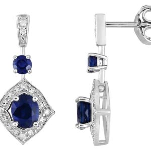 Boucles d'oreilles Pendantes Or Blanc 18k Diamant 0.056ct GH P1 Saphir