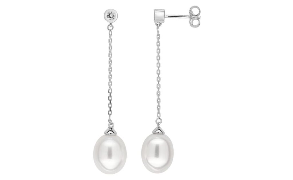 Boucles d'oreilles Pendantes Or Blanc 18k Diamant 0.07ct GH P1 Perles de culture d'eau douce