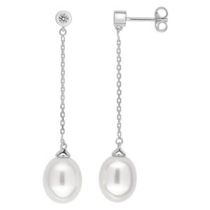 Boucles d'oreilles Pendantes Or Blanc 18k Diamant 0.07ct GH P1 Perles de culture d'eau douce