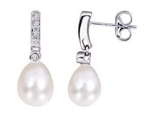 Boucles d'oreilles Pendantes Or Blanc 18k Diamant 0.06ct GH P1 Perles de culture d'eau douce