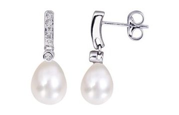 Boucles d'oreilles Pendantes Or Blanc 18k Diamant 0.06ct GH P1 Perles de culture d'eau douce