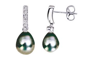 Boucles d'oreilles Pendantes Or Blanc 18k Diamant 0.06ct GH P1 Perles de culture