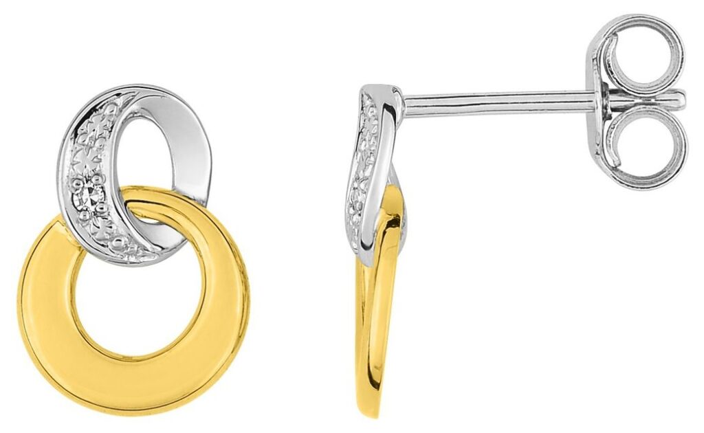 Boucles d'oreilles Pendantes Or Blanc et Jaune 18k Diamant 0.01ct GH P1